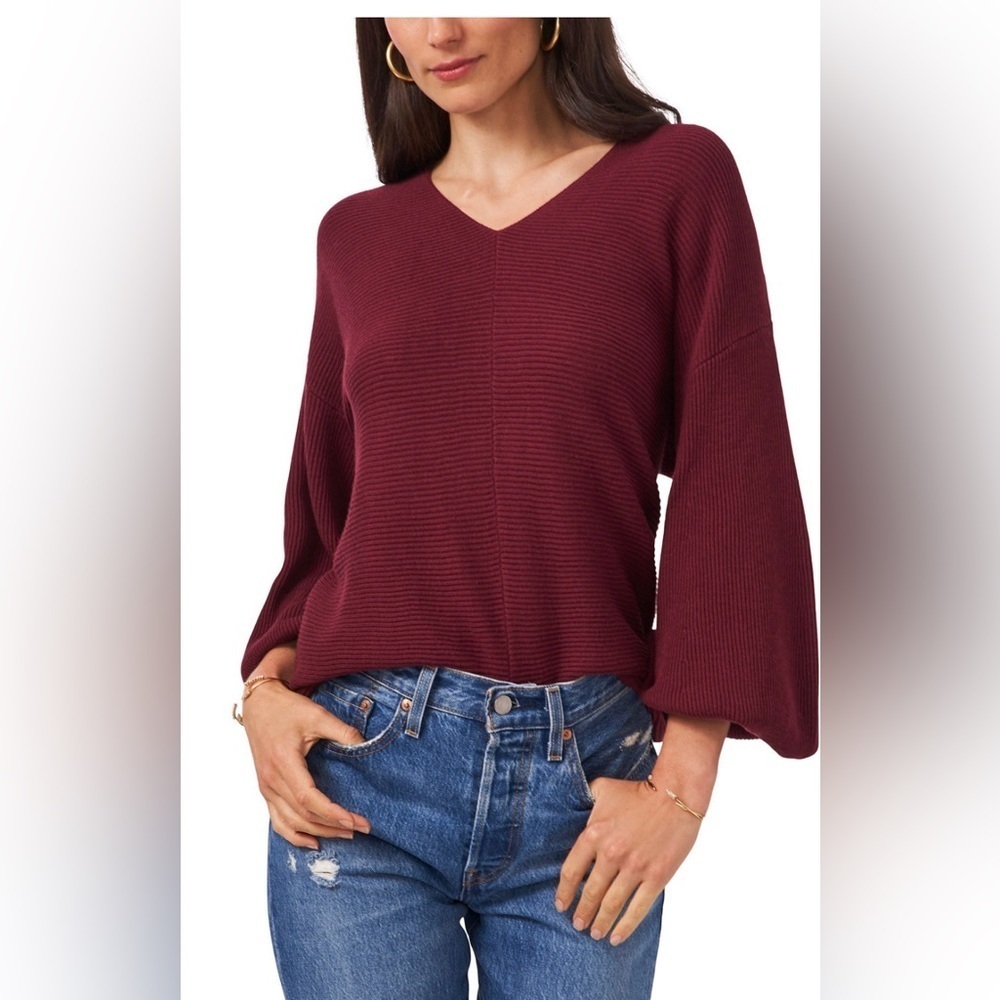 State Women's Rib-Knit Bubble Sleeve Long Sleeve V-neck Sweater Size L